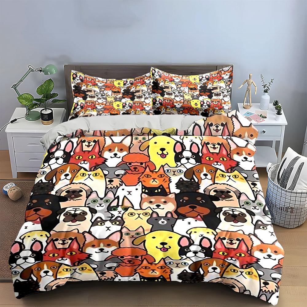 Cute Cartoon Pets Pattern Bedding Duvet Cover Set Duvet Cover Pillowcases (1*Duvet Cover 2*Pillowcases, without duvet insert)