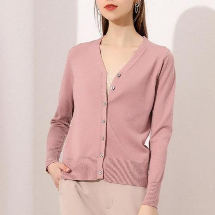 Women Long Sleeve V Neck Knitted Cardigan Solid Color Ribbed Trim Warm Sweater Coat Single Breasted