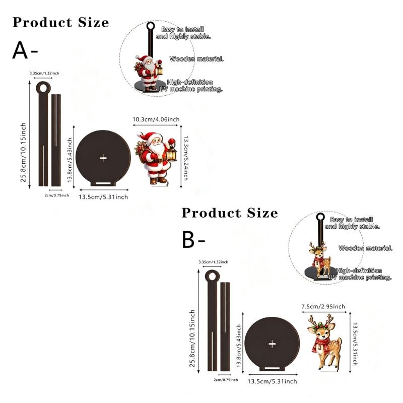 Wood Paper Towel Roll Holder with Vertical Center Post, Round Base, and Christmas Animal Panel for Countertop Use