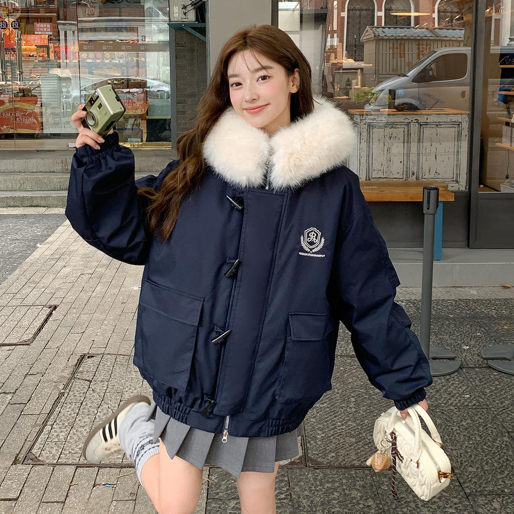 American navy blue fur collar hooded down cotton-padded jacket for women's winter new padded thickened tooling Parker cotton-padded jacket