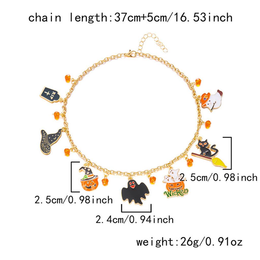 Halloween Enamel Pendant Necklace18K Gold Plated Chain W/ Pumpkin Ghost Bat Charms Adjustable 37cm+5cm Party Costume Jewelry Gif