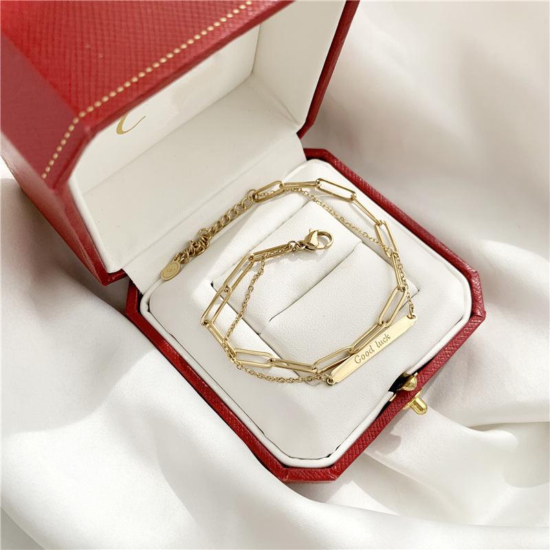 Square Pendant Double Layer Bracelet - 18K Gold Plated Titanium Steel, Fashionable European & American Good Luck Chain for New Year.