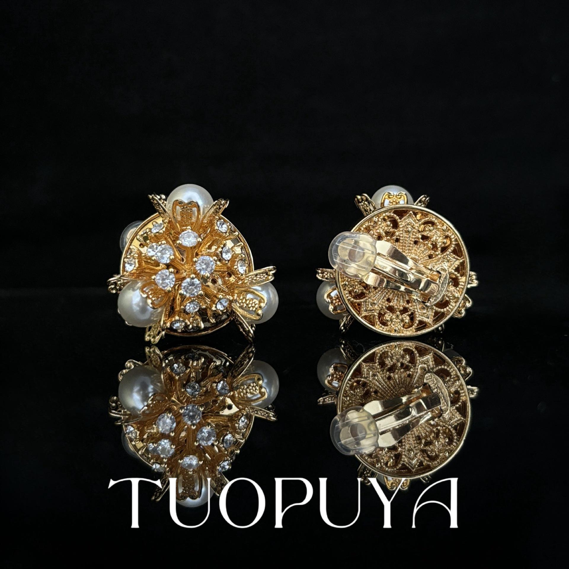 Women s Retro Pearl & Cubic Zirconia Flower Ear Clip - Elegant Design Earring