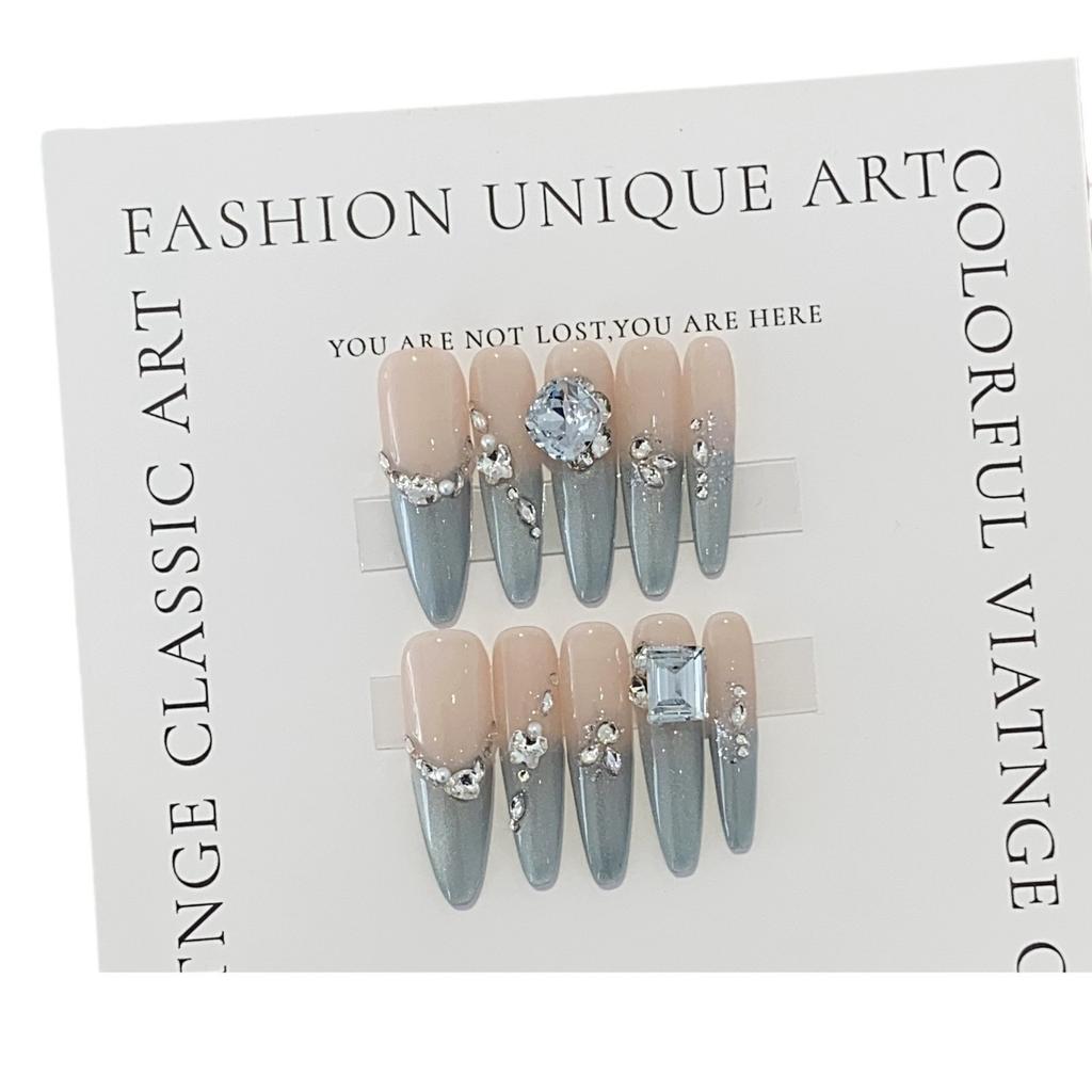 Handmade Blue Gradient Pearl Small Broken Diamond Pile Square Diamond Coconut Ice Blue Removable Nail Stickers