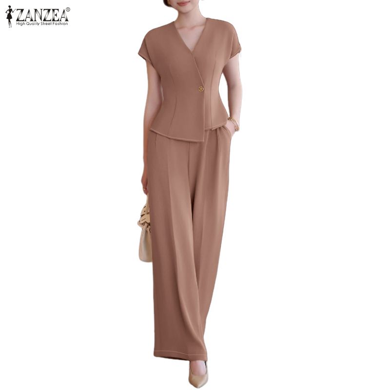 ZANZEA Kadın Kısa Kollu Bluz ve Pantolon Günlük İki Parça Takım Setleri