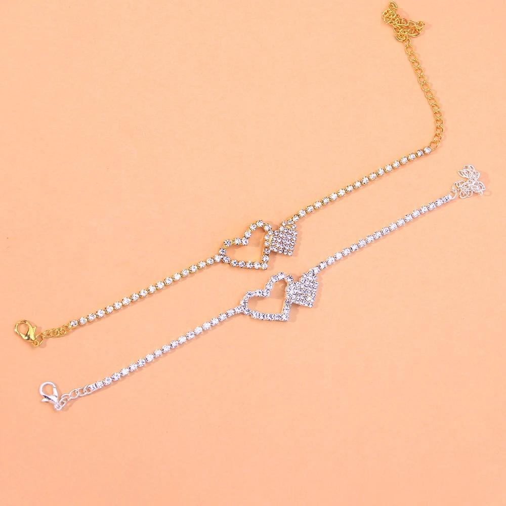 Exquisite Bling Rhinestone Double Heart Anklets for Women Hollow Out Foot Chain Trendy Summer Beach Jewelry Accessories