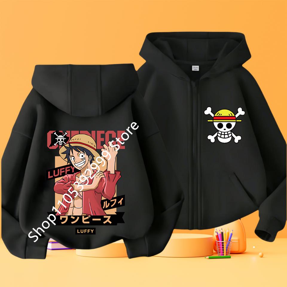 2026 Ny Børne Anime One Piece Luffy Lynlås Hættetrøje Jakke 3-12År Afslappet Langærmet Sweatshirt Efterår