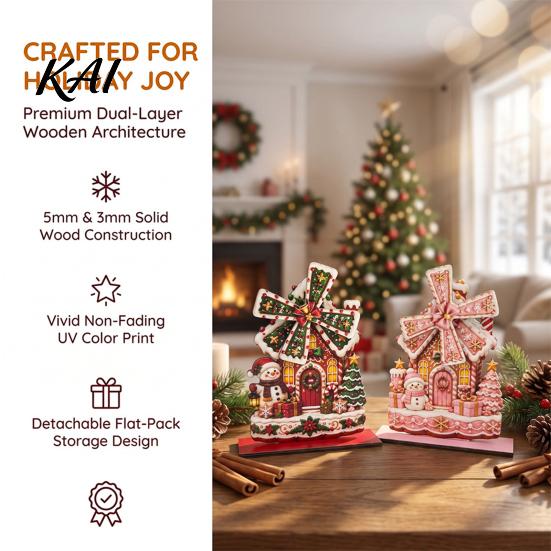 Holiday Seasonal Room Decor Christmas Windmill Wooden Ornament, Decorative Craft with Rotating Ornament Blades, Handmade Figurine for Home Tabletop