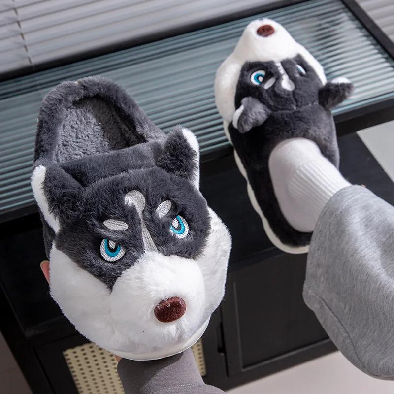 Fashion Women Indoor Cotton Slippers Cute Cartoon Dog Winter Warm Shoes Couples Home Floor Slides Anti-slip  Female Male House Footwear