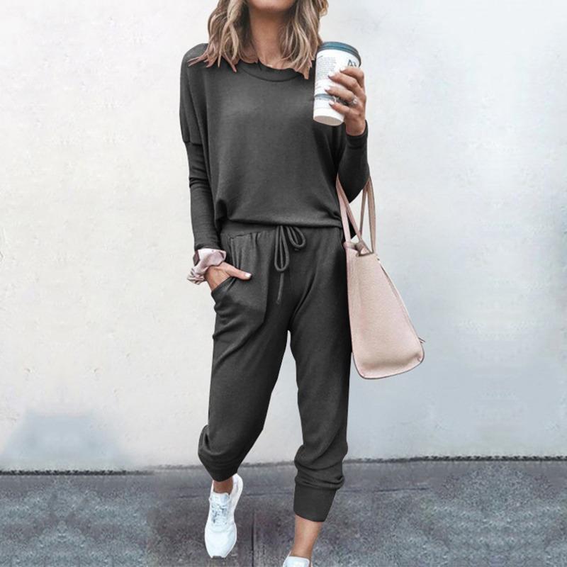 Women's Fashion Casual Spring Autumn Solid Color Print Long Sleeve O-Neck Trousers Pants Suits