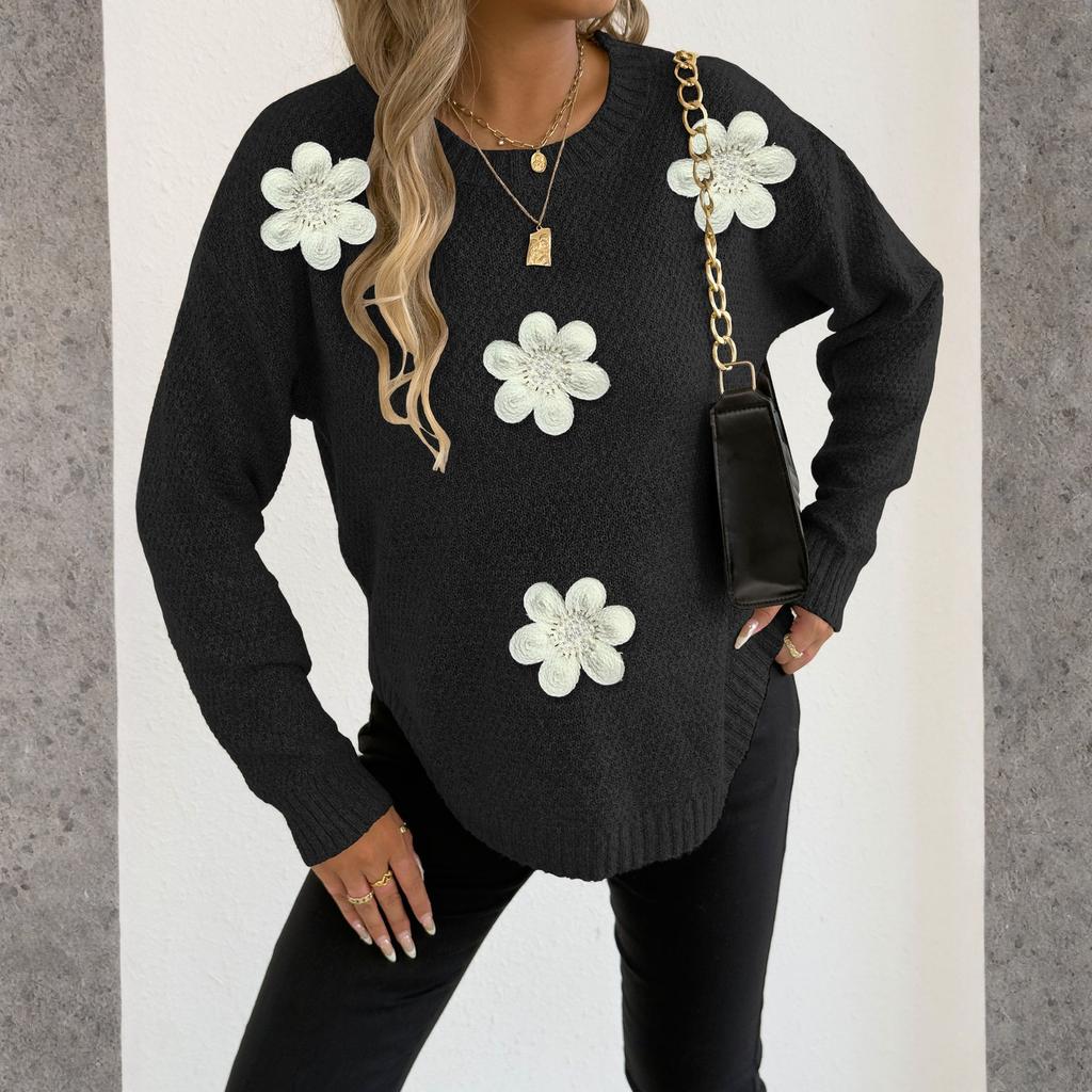 Women's T-Shirt Vintage Floral Print Round Neck Loose Long Sleeve Mid-Length Thumb Leak Top