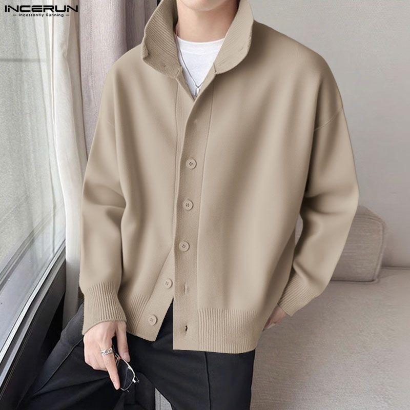 INCERUN Oversized Men High Neck Long Sleeve Buttons Casual Cardigans Tops