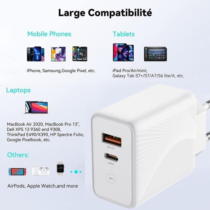 Chargeur Secteur Rapide 30W 2-Port PD 20W+QC 3.0 pour Xiaomi Redmi 13C Redmi Note 13 4G-5G Note 13 Pro Plus 5G