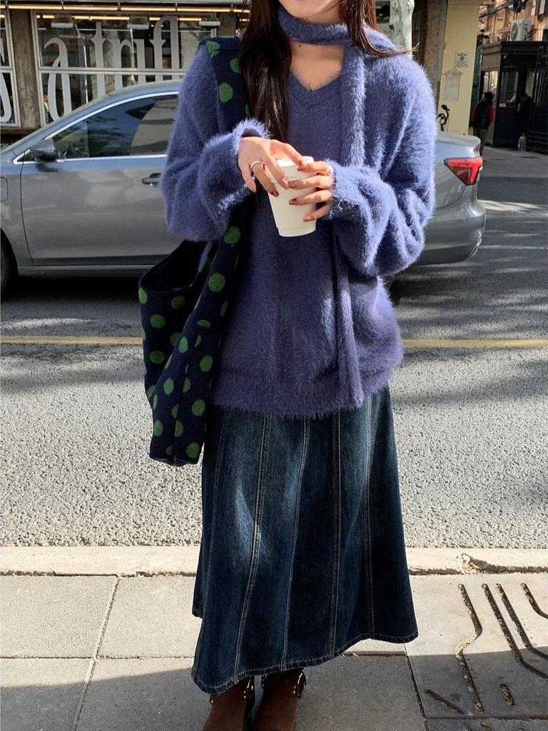 Women's American Retro Korean Style High-Waist Denim A-line Skirt - Washed Blue