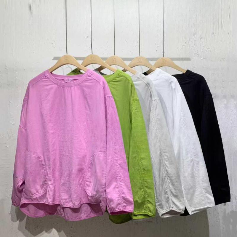 Spring Korean Style Double-layer Cotton and Linen Round Neck Loose All-match Long-sleeved T-shirt Casual Top
