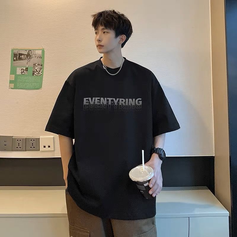 

Simple T-shirt Men s print Summer Trendy Printed Cotton Short Sleeved Loose Trendy Breathable T-shirts S