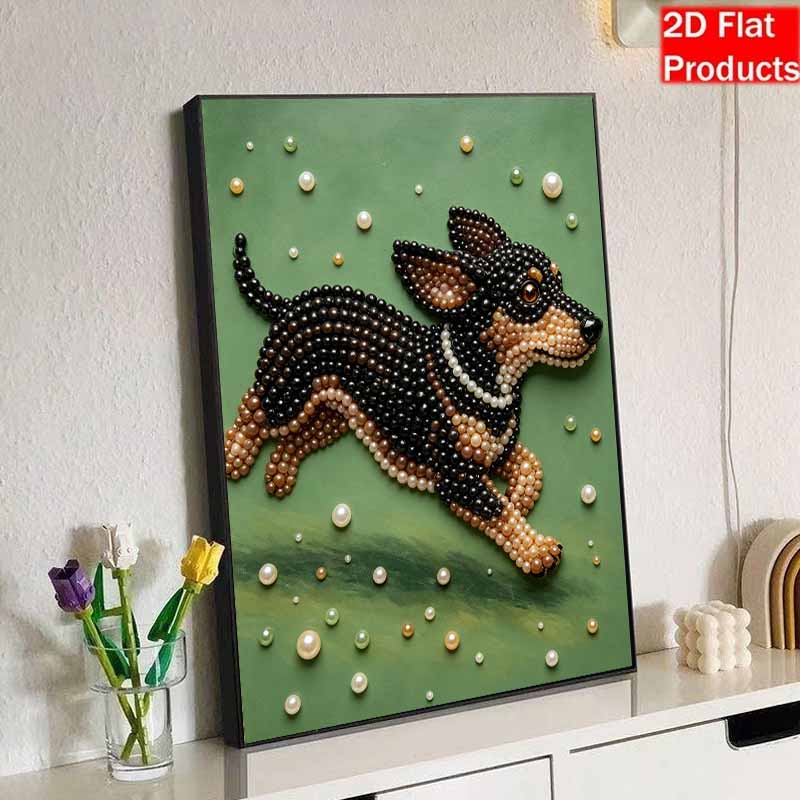 5D Pearl Painting Kit Framed with Running Dog Design Sparkling Bead Art Canvas DIY Relaxing Craft for Wall Decor Gift Home Art Projects
