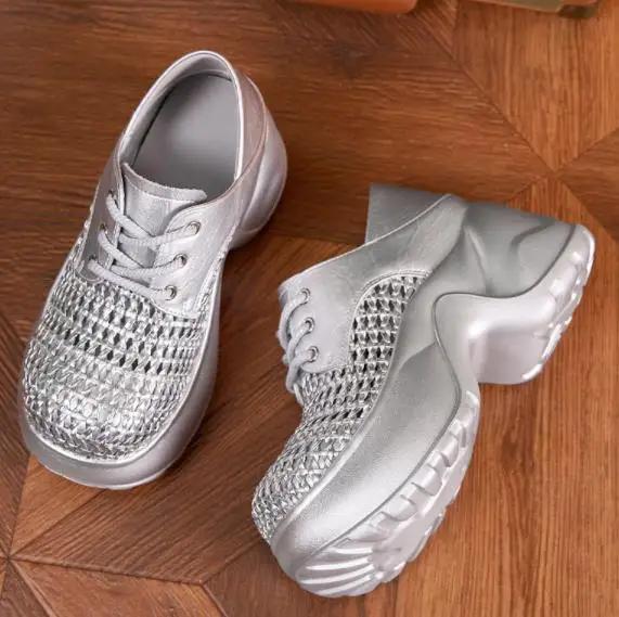 Fashion 9CM Weave Patent Synthetic Microfiber Leather Fashion Women Sandals Chunky Sneakers Hollow Bling Vulcanize Platform Wedge Shoes