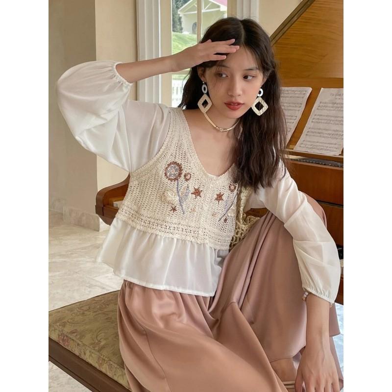 Womens Loose Fit Crochet Lace Knit Top With Puff Sleeves Round Neck Mesh Fabric Office Chic Style