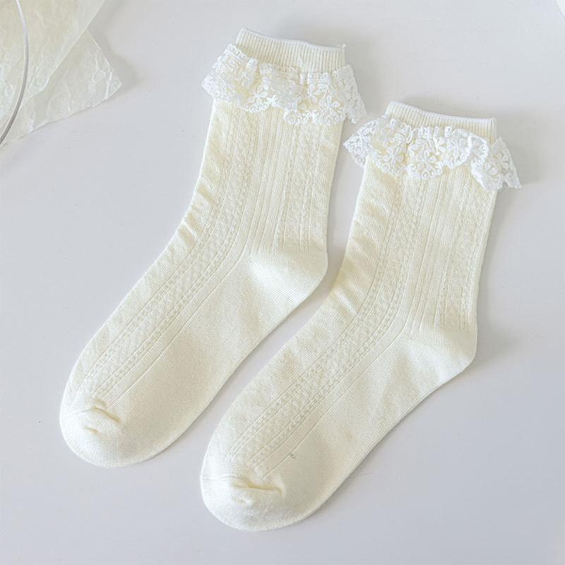 JK Girl Ruffle Lace Trim Cotton Ankle Socks Jacquard Knit Frilly Socks for Women