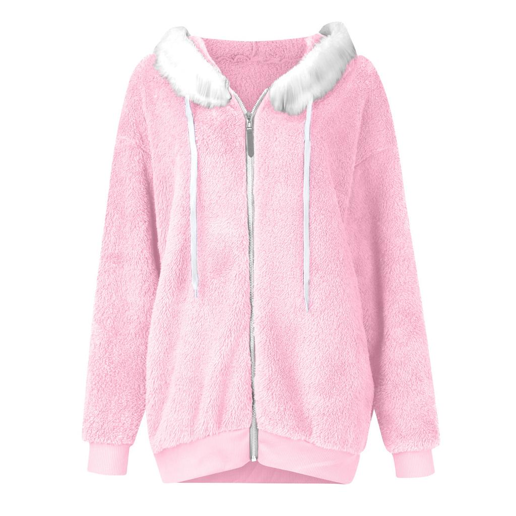 Women's Fashionable Plush Zipper Pocket Hooded Long Sleeved Loose Warm Jacket