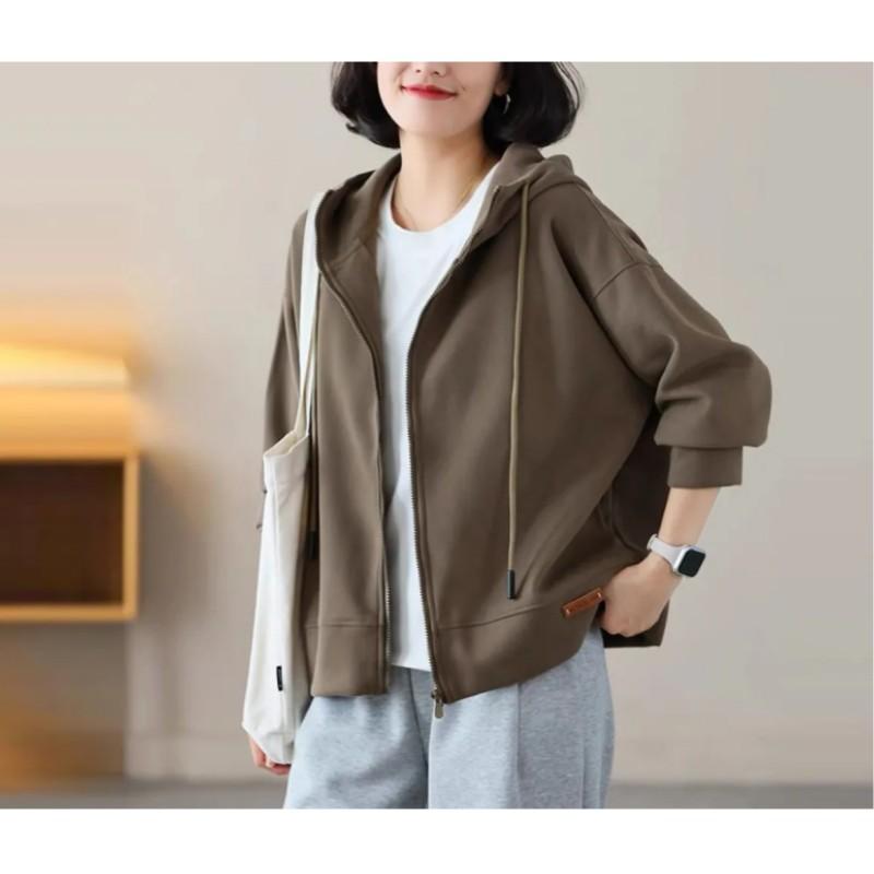 Women's Spring and Autumn Loose Casual Hooded Sweatshirt with Letter Zipper Cardigan Jacket