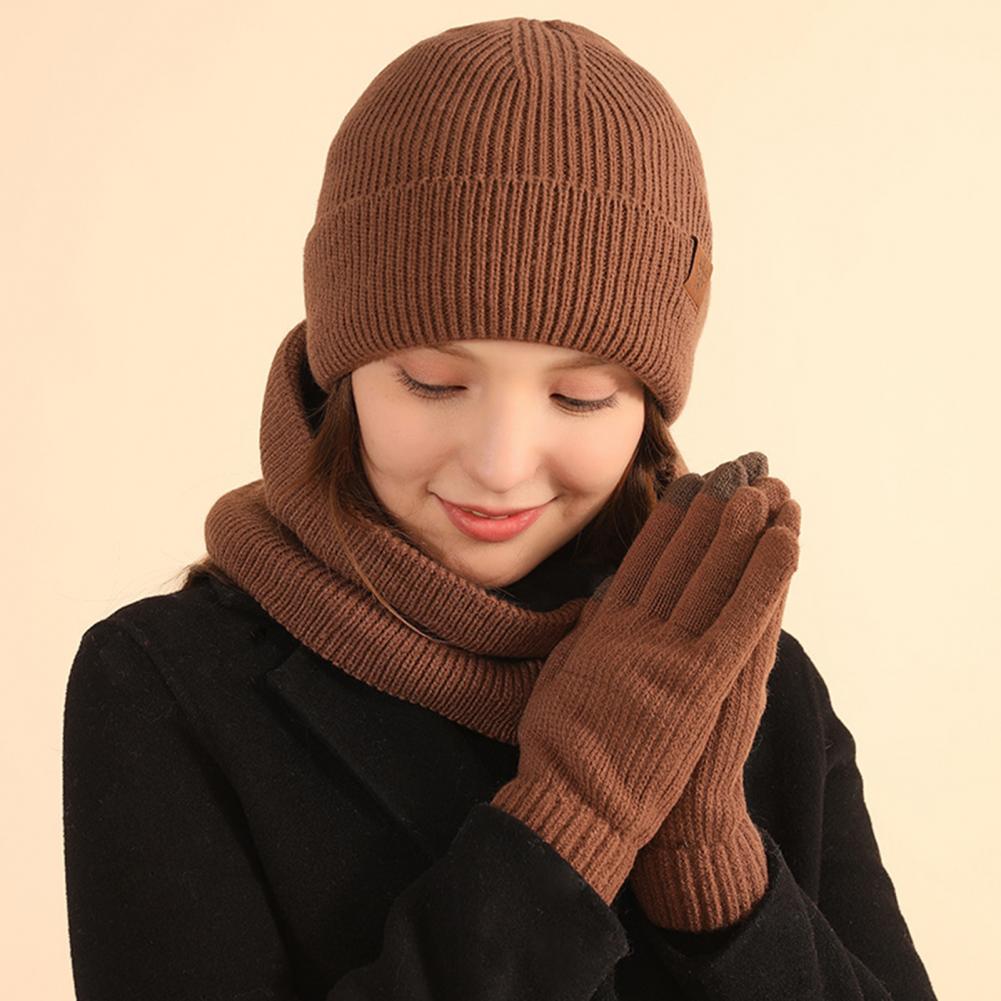 3 Pcs/Set Women Winter Hat Scarf Gloves Set Thick Plush Knitted Warm Cap Gloves Elastic Ear Windproof Wi