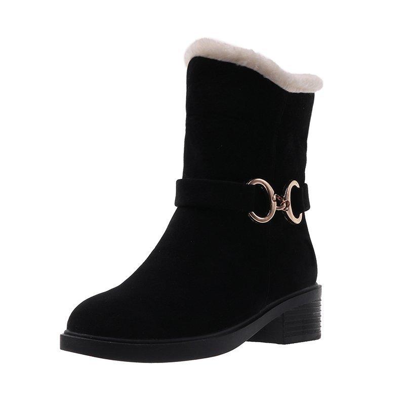 2025 Autumn and Winter Thick Heel Velvet Warm Snow Boots Women's Short Boots Wish Foreign Trade Fashion Simple Suede Thickened Cotton Shoes