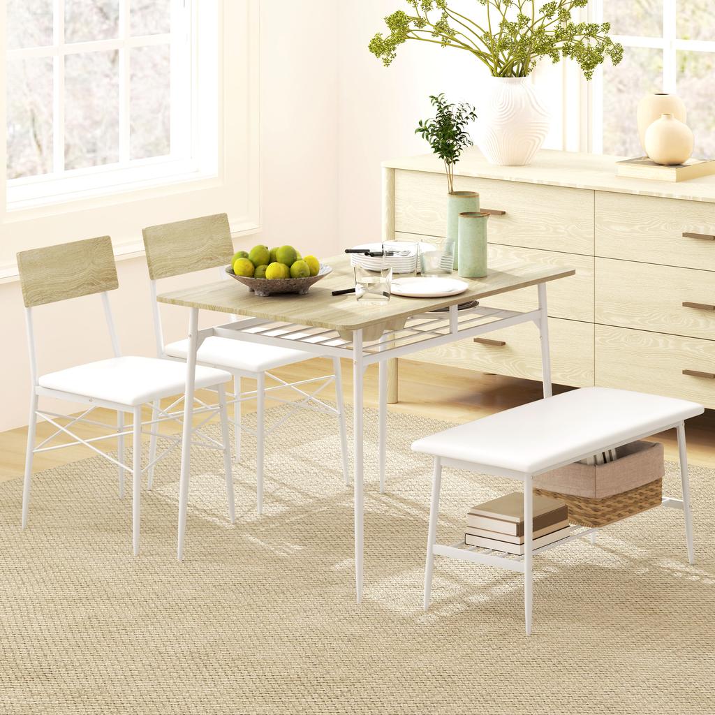 4-Piece Dining Table Set with Chairs and Bench for 4 People, Upholstered Seats, Steel Frame, Wood, Oak