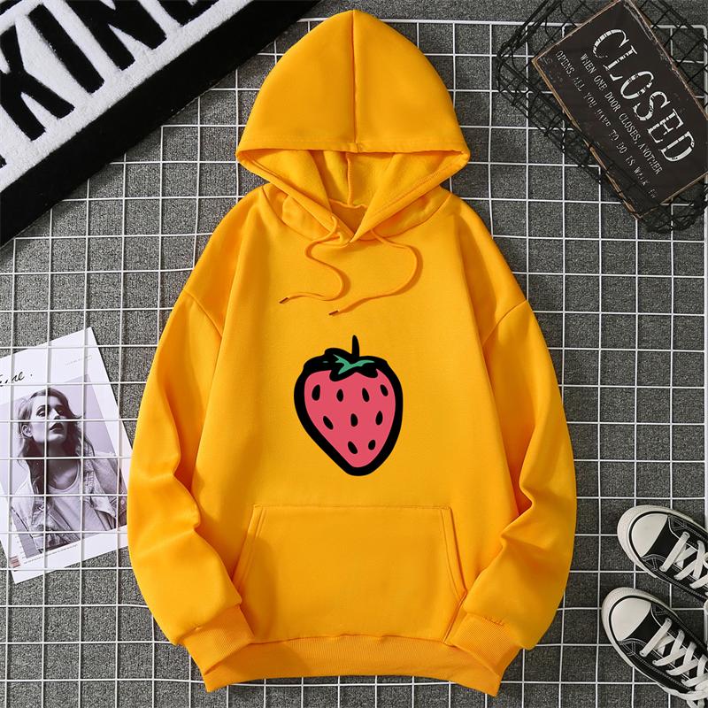 Hooded Sweatshirt Strawberry Cartoon Print Street Fashion Model Wearing Black White Unisex Casual Hoodie