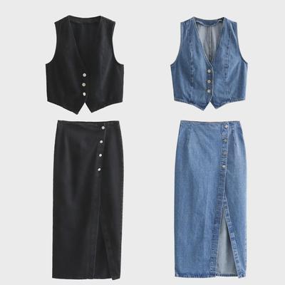 2024 Frühling/Sommer Damen Denim Weste & High Waist Midi Rock Set mit Knopfdetail