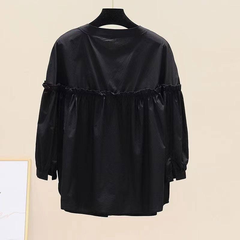 Spring Fashion Casual Stand Collar Striped Shirt Women's Versatile Ninth Sleeve Lace Shirt