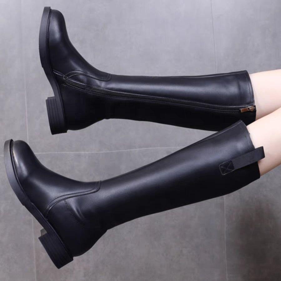 Fashion Black Middle Heel Round Toe Knee High Shaft Shoes Woman Autumn Winter Designer Luxury New in Warm Leather Long Boots for Women