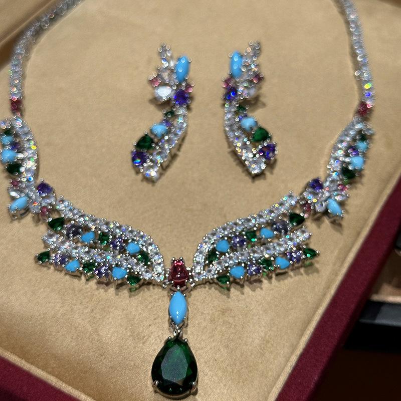 Luxury Zirconia Flower Earring & Necklace Set - Water Drop Design, High-End Fashion Accessories for Women