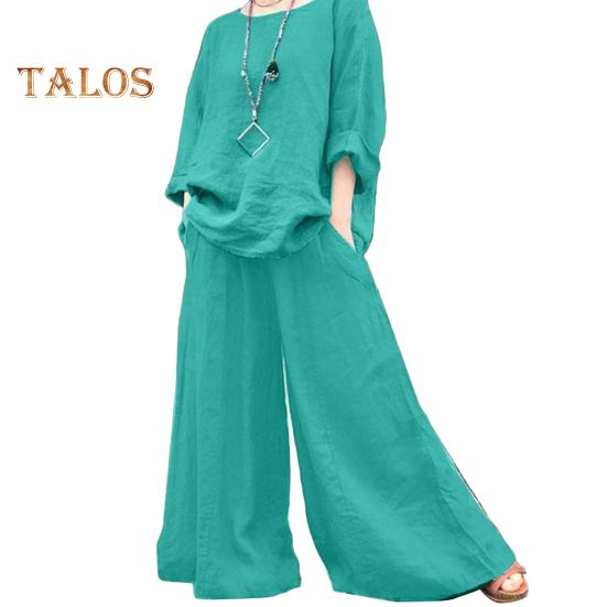 2 ks/sada Dámské svrchní kalhoty set kulatý výstřih Retro halenka s dlouhým rukávem Široké nohavice elastický pas Kalhoty Volný outfit pro každodenní volný čas