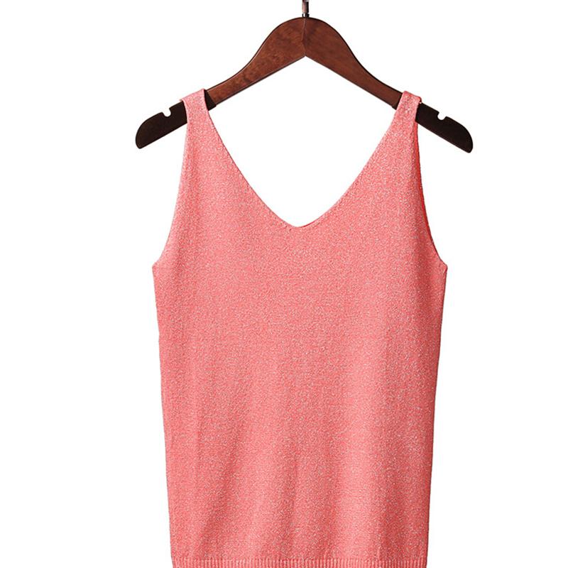 Women Summer Sexy Slim V-Neck Bright Silk Knitted Sleeveless Vest Top T-Shirt Basic Trend