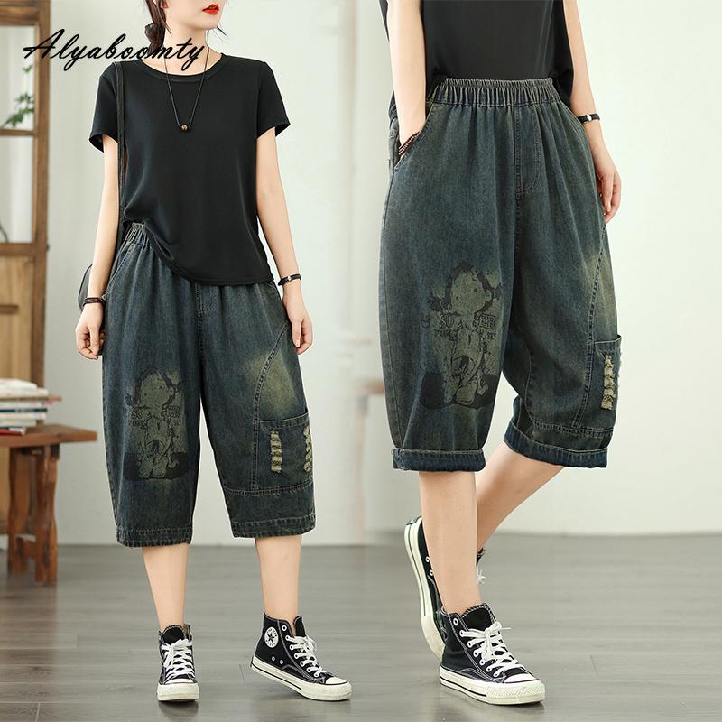 Korean Fashion Summer Women Ripped Denim Pants High Waist Character Print Casual Loose Short Jeans Basic Ladies' Capris With Pockets