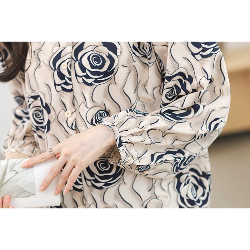 Spring Round Neck Print Floral Loose Blouse Women Elegant Casual Shirts Women Tops Plus Size Long Sleeve Vintage Button Up Office Ladies Shirt 26328