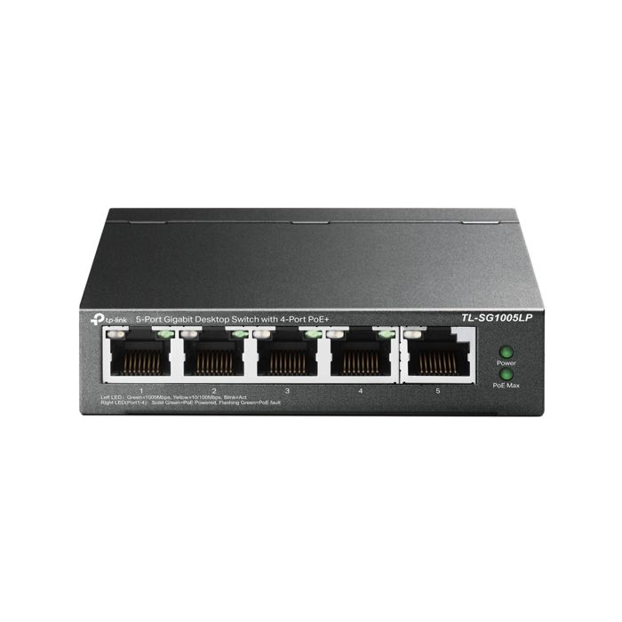 TPLINK TL-SG1005LP 5P Gb Switch 4P PoE+ TL-SG1005LP 5-Port Gigabit Desktop Stålkabinett Switch med 4-Port PoE+ 40W PoE-budsjett