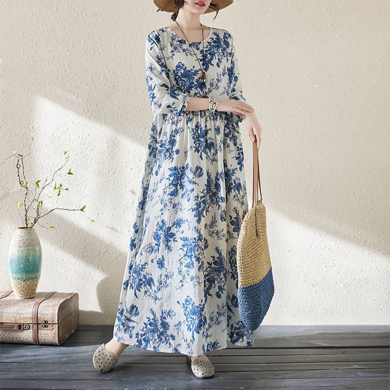 

Johnature женское весеннее платье в винтажном стиле с длинными рукавами, повседневное свободное платье в китайском стиле с круглым вырезом и принтом XXL