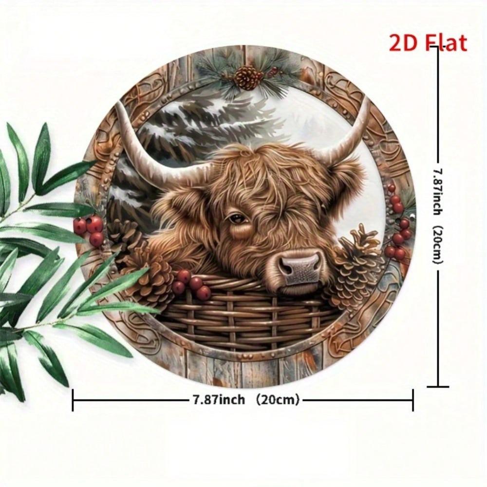 Vintage Highland Cow Metal Wall Art Christmas Wreath Sign Rustic Bohemian Decor