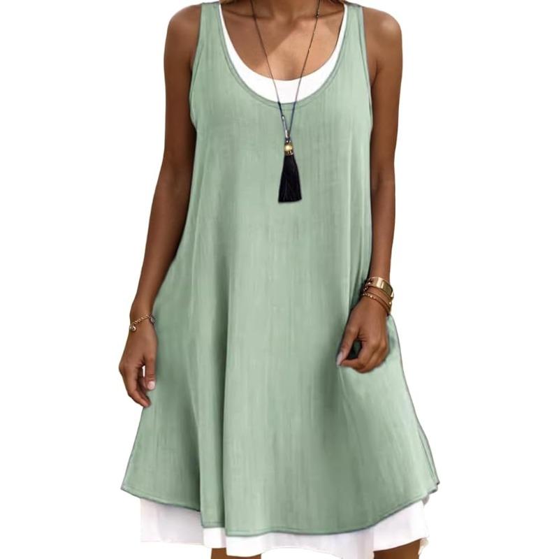 Damenmode, Sommer, Frühling, einfarbig, ärmellos, O-Ausschnitt, Freizeitkleider