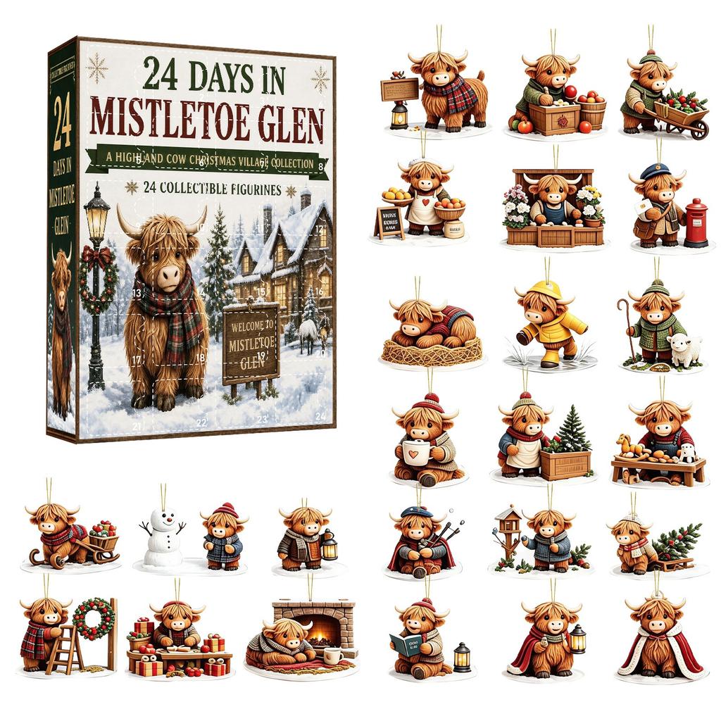 2026 24-Day Highland Cow Advent Calendar - Christmas Countdown Gift Box with Collectible Mini Acrylic,Festive Holiday Home Decor