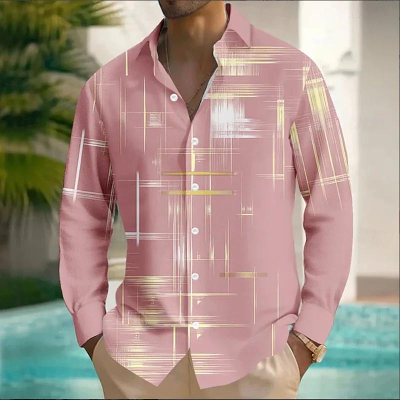 Men's Geometric Grid Long Sleeve Shirt Casual Fashion Outdoor Holiday Street Trend 3D Printed Long Sleeve Shirt