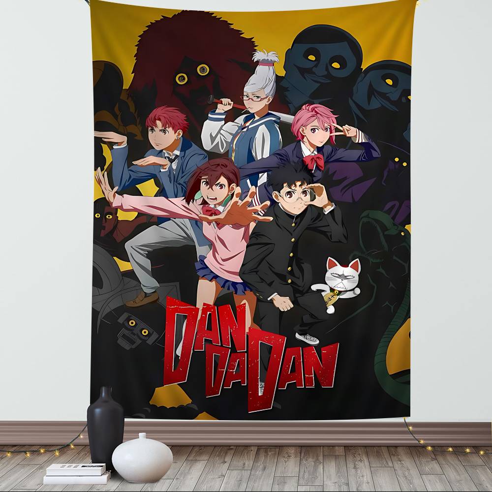 Popular Anime Dandadan Tapestry  Neon MultiColor Decor Banner Wild Character Art  Bold DANDADAN Typography Trippy Accent