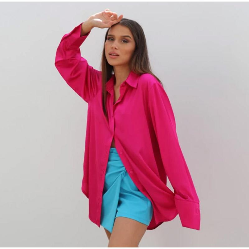 

Elegant Orange Women s Oversize Shirt Satin Lapel Spring Summer Office Ladies Shirts 2023 All-match Long Sleeve Long Top Female L рожевий