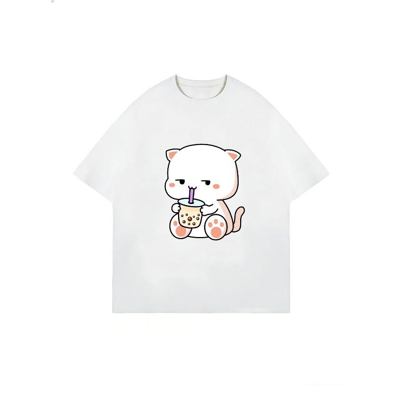 Oversized T-Shirt Black Cute Cat Drinking Bubble Tea Print Casual Everyday Wear