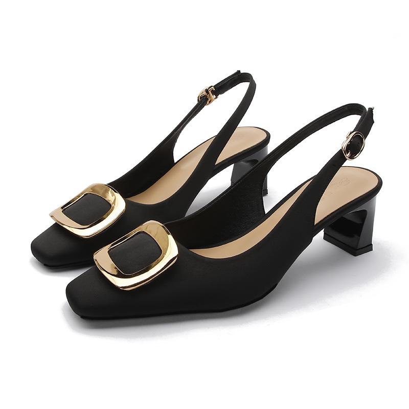 

Baotou sandals women s thick heel summer fashion fairy style rear strap square head high heels 2025 new medium heel single shoes 34 чёрный