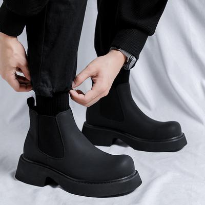 Lederschuhe Herrenstiefel 2025 Herbst/Winter Runde Spitze Mittelhoch Koreanische Edition Britisch Dicke Sohle Schräger Absatz Chelsea Boots Sho