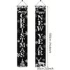 Happy New Year Porch Banner Holiday Party Decoration Black And Silver Hanging Door Sign Outdoor Indoor Festive Wall Decor Snowflake Reindeer Design